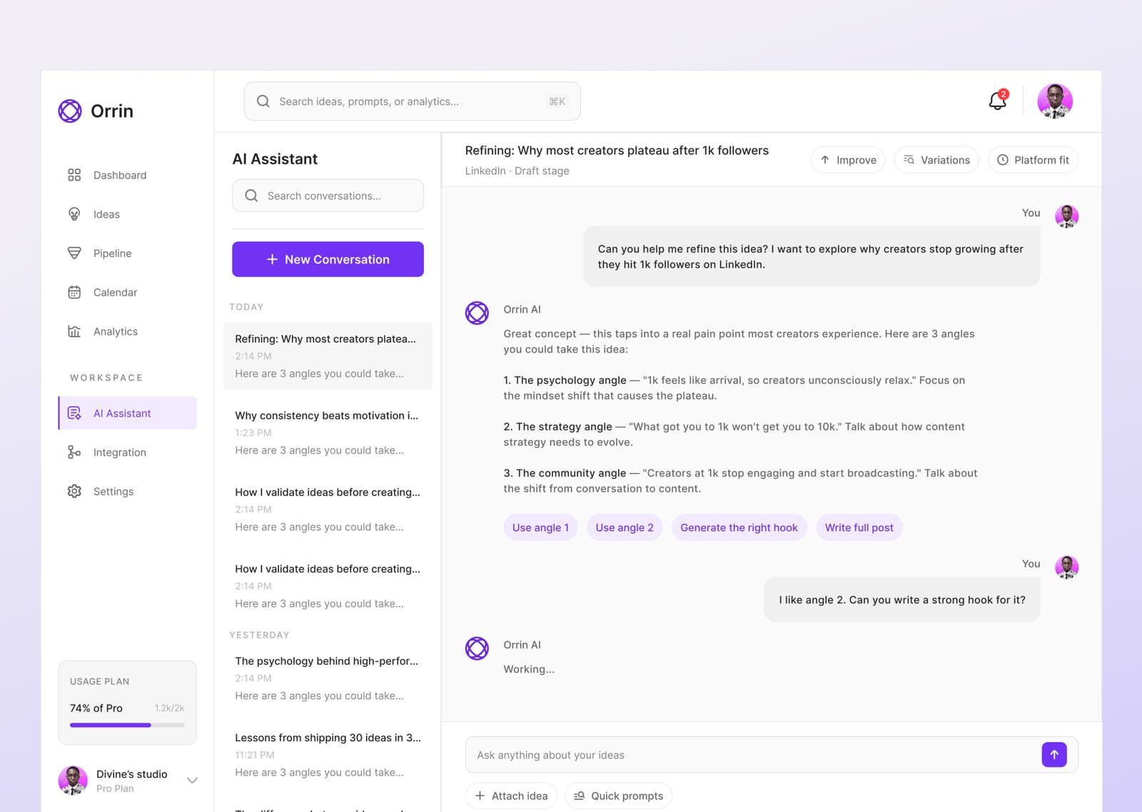 Orrin AI assistant conversation helping refine a content idea