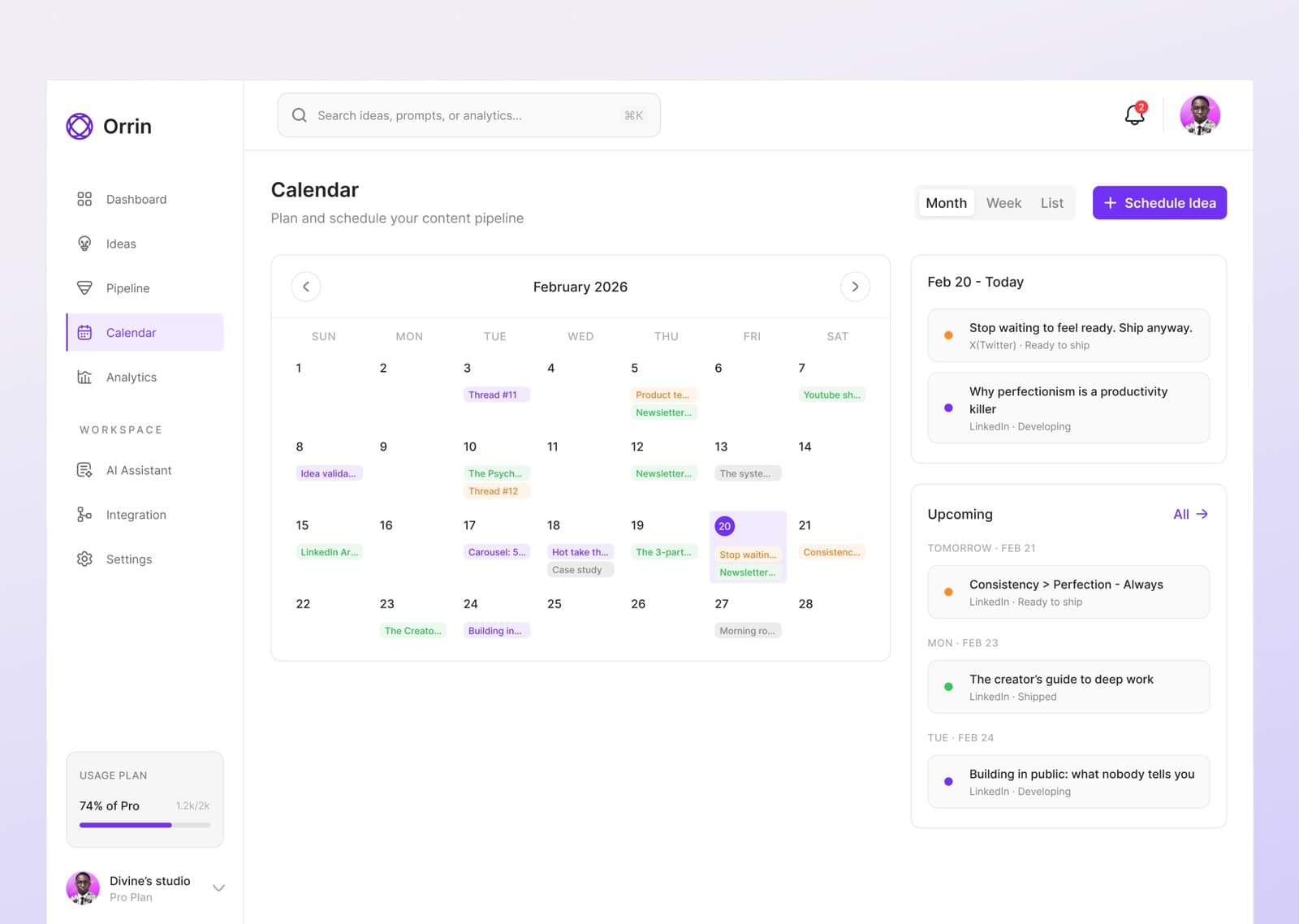 Orrin content calendar with scheduled ideas and publish dates