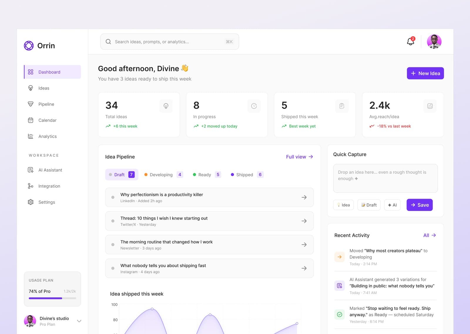 Orrin dashboard showing idea pipeline summary and quick capture