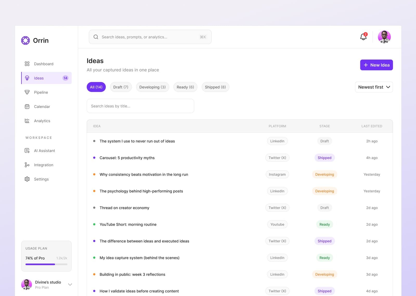 Orrin ideas list with status tags and content previews