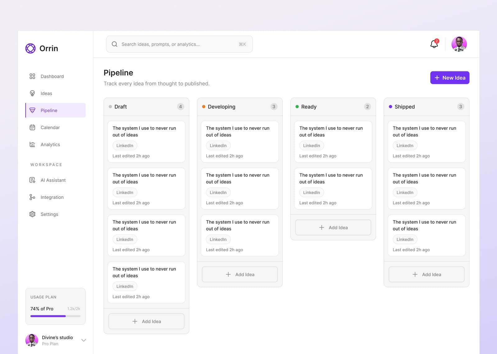 Orrin pipeline board with Draft, Developing, Ready, and Shipped columns
