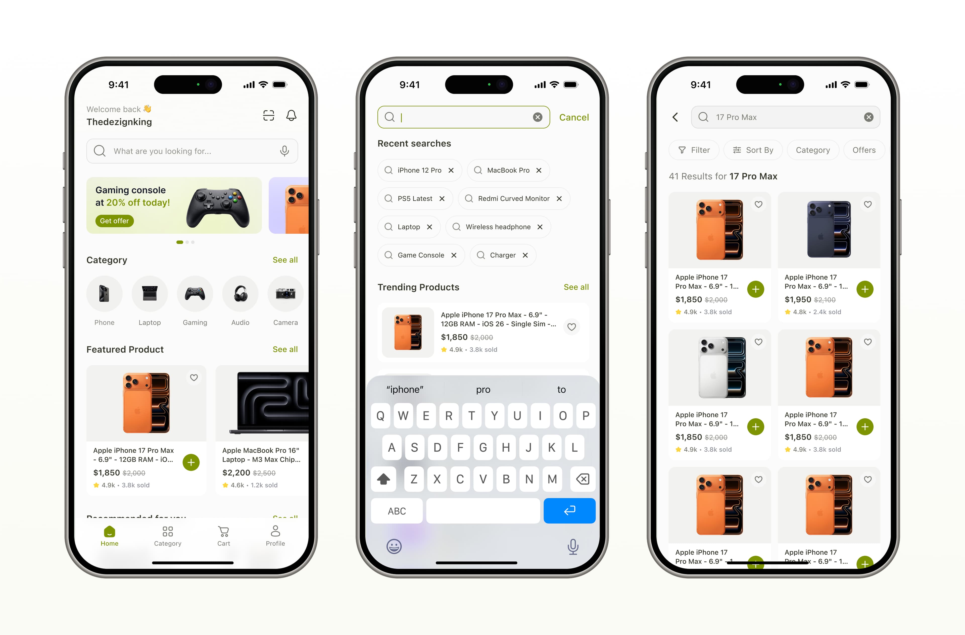 Pruvve home screen and search with trending gadgets and recent searches