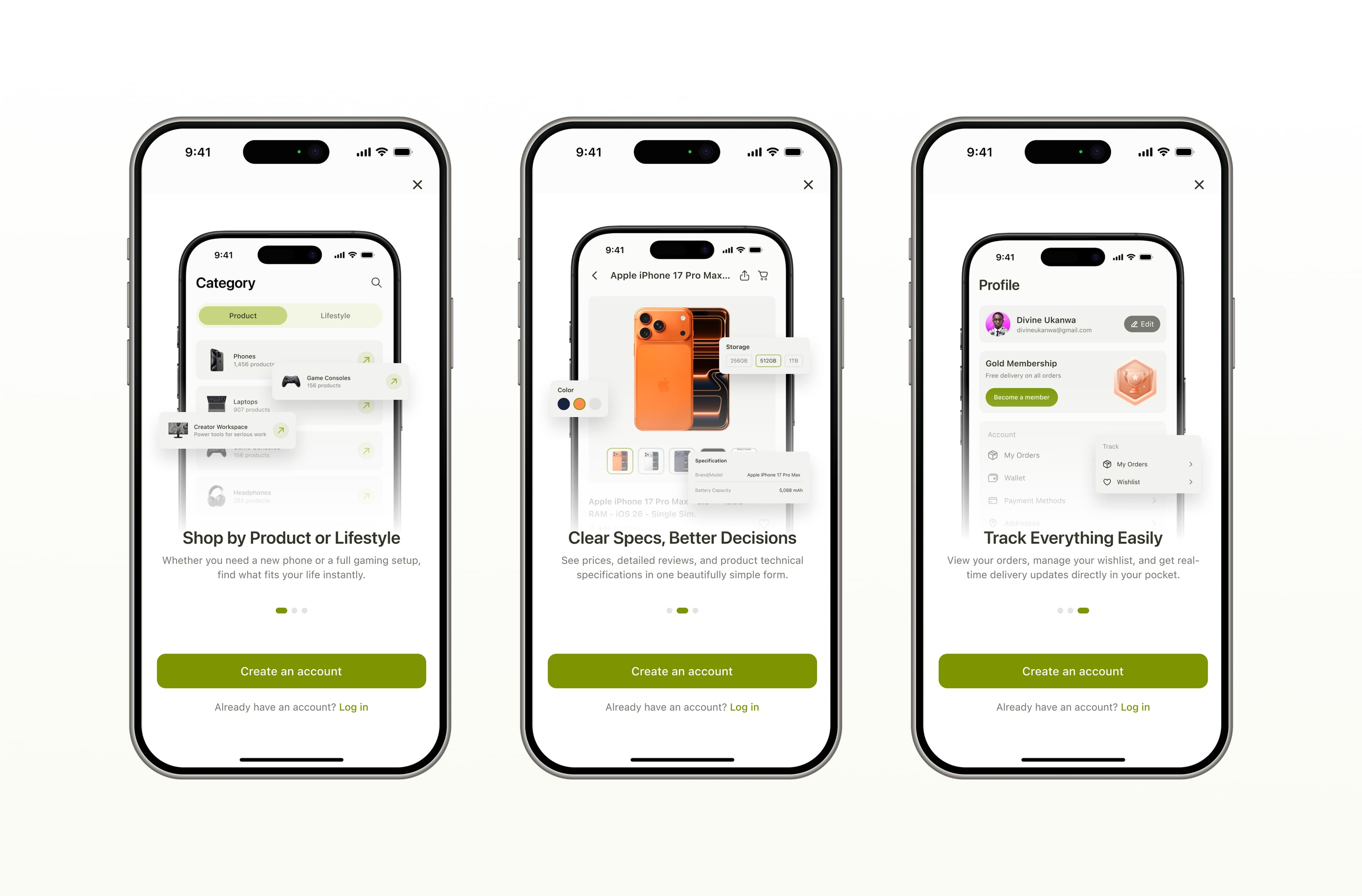 Pruvve onboarding screens showing product and lifestyle shopping modes